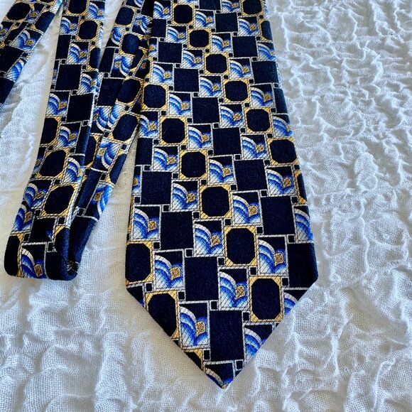 Christian Dior Vintage Navy Blue and Yellow Ornate Pattern Tie - Picture 1 of 8